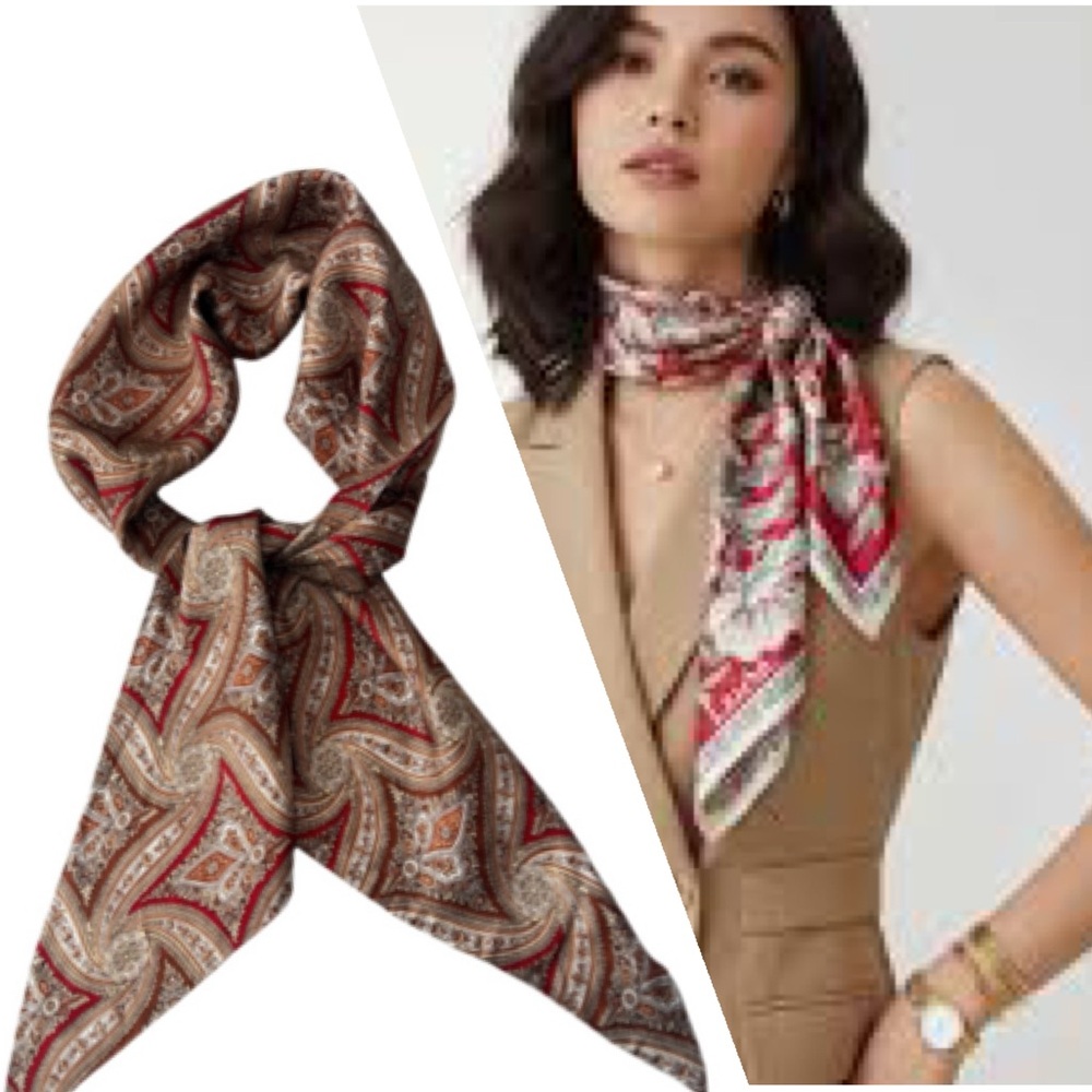 Vintage Silk Scarf Paisley Luxury Print Burgundy Red Tan Gold Ivory Cream Beige